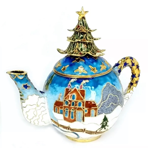 NYCO Cloisonne Enamel Christmas Teapot Winter Scene Tree Lid New W/Gift Box - Picture 3 of 7